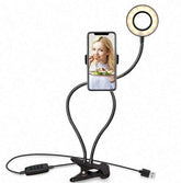LED Selfie Ring Light with Adjustable Phone Holder in use, featuring a phone mounted on a flexible arm.