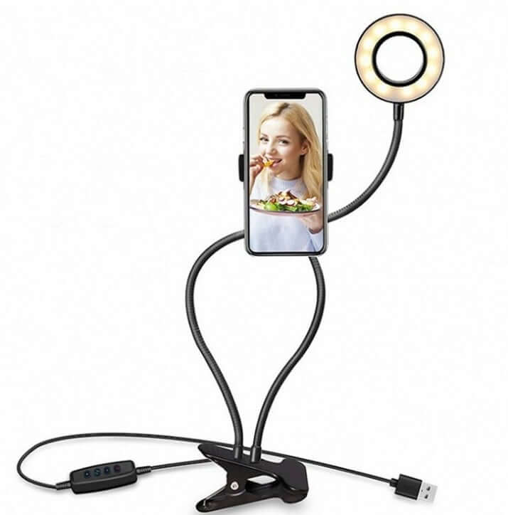 LED Selfie Ring Light with Adjustable Phone Holder in use, featuring a phone mounted on a flexible arm.