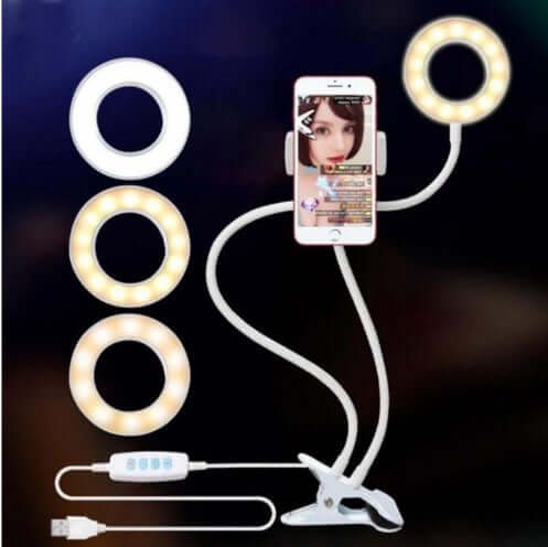 LED Selfie Ring Light with Adjustable Phone Holder in use, featuring a phone mounted on a flexible arm.