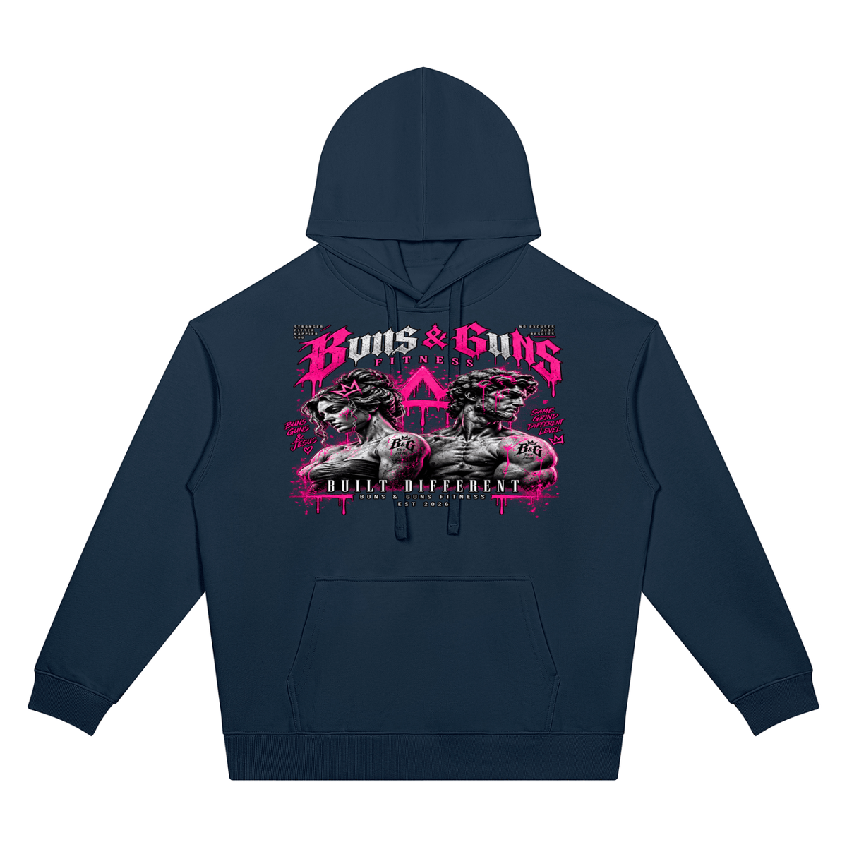 Unisex Oversized Drop-Shoulder Hoodie featuring a bold graphic design by Buns & Guns, perfect for fitness enthusiasts.