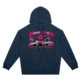 Unisex Oversized Drop-Shoulder Hoodie featuring a bold graphic design by Buns & Guns, perfect for fitness enthusiasts.
