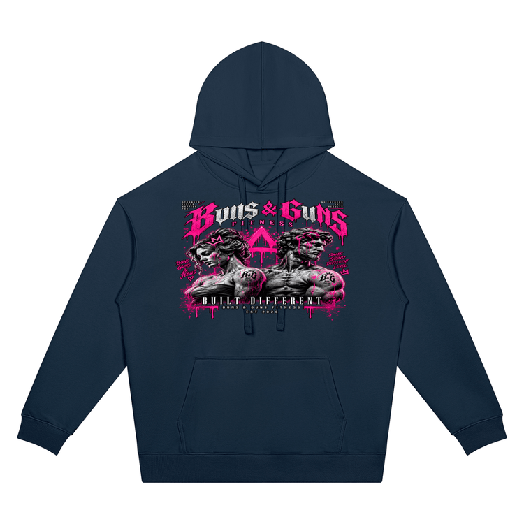 Unisex Oversized Drop-Shoulder Hoodie featuring a bold graphic design by Buns & Guns, perfect for fitness enthusiasts.