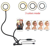 LED Selfie Ring Light with Adjustable Phone Holder in use, featuring a phone mounted on a flexible arm.