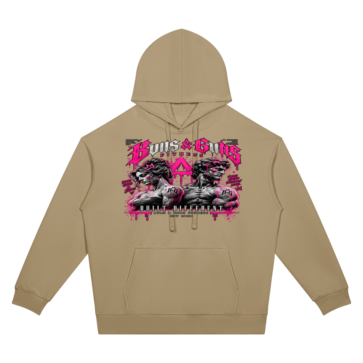 Unisex Oversized Drop-Shoulder Hoodie featuring a bold graphic design by Buns & Guns, perfect for fitness enthusiasts.