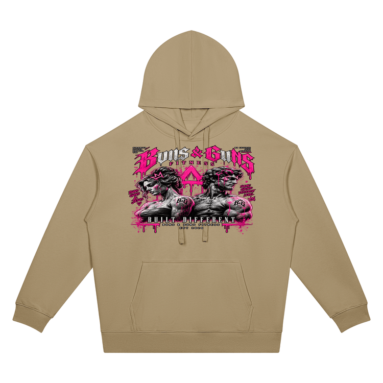 Unisex Oversized Drop-Shoulder Hoodie featuring a bold graphic design by Buns & Guns, perfect for fitness enthusiasts.