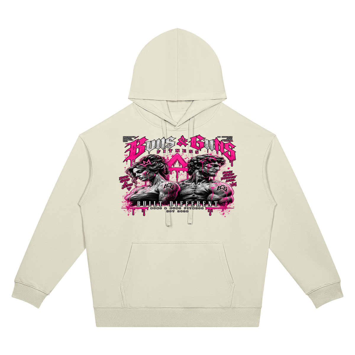 Unisex Oversized Drop-Shoulder Hoodie featuring a bold graphic design by Buns & Guns, perfect for fitness enthusiasts.