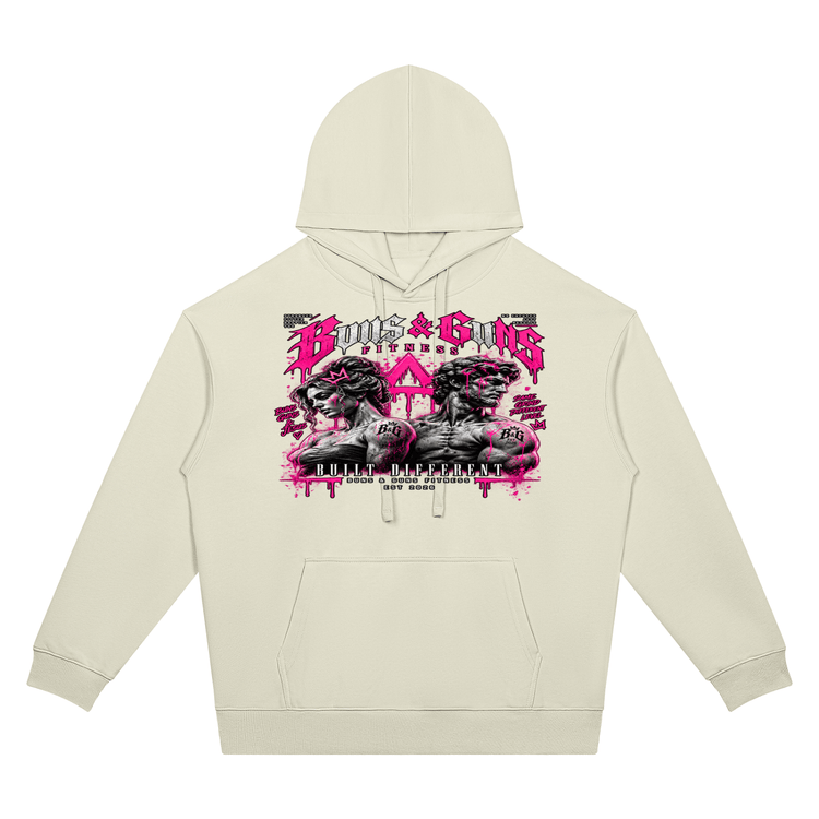 Unisex Oversized Drop-Shoulder Hoodie featuring a bold graphic design by Buns & Guns, perfect for fitness enthusiasts.