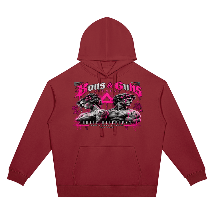 Unisex Oversized Drop-Shoulder Hoodie featuring a bold graphic design by Buns & Guns, perfect for fitness enthusiasts.