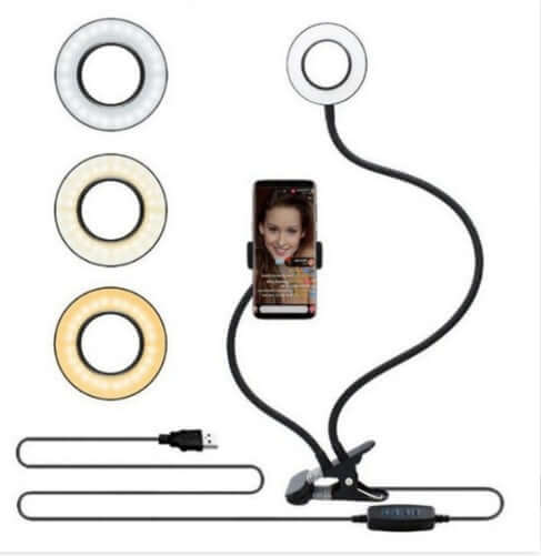 LED Selfie Ring Light with Adjustable Phone Holder in use, featuring a phone mounted on a flexible arm.