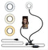 LED Selfie Ring Light with Adjustable Phone Holder in use, featuring a phone mounted on a flexible arm.