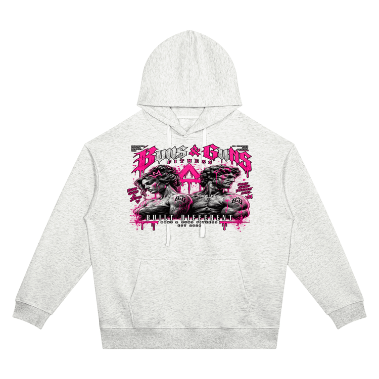Unisex Oversized Drop-Shoulder Hoodie featuring a bold graphic design by Buns & Guns, perfect for fitness enthusiasts.