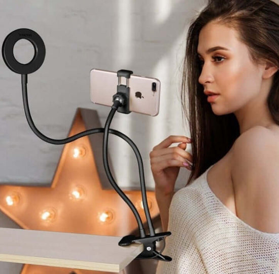LED Selfie Ring Light with Adjustable Phone Holder in use, featuring a phone mounted on a flexible arm.