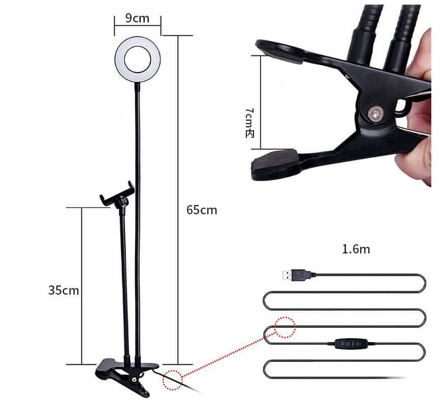LED Selfie Ring Light with Adjustable Phone Holder in use, featuring a phone mounted on a flexible arm.
