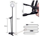 LED Selfie Ring Light with Adjustable Phone Holder in use, featuring a phone mounted on a flexible arm.