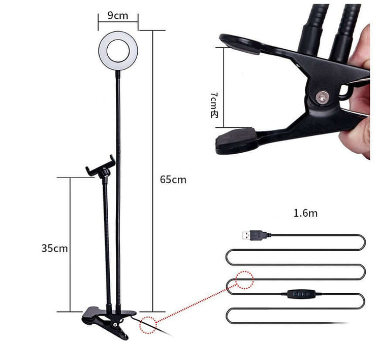 LED Selfie Ring Light with Adjustable Phone Holder in use, featuring a phone mounted on a flexible arm.