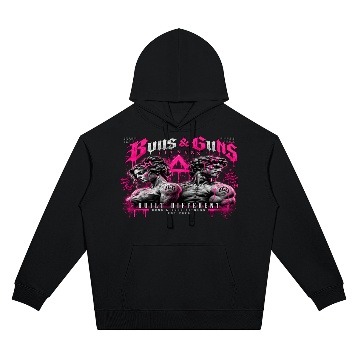 Unisex Oversized Drop-Shoulder Hoodie featuring a bold graphic design by Buns & Guns, perfect for fitness enthusiasts.