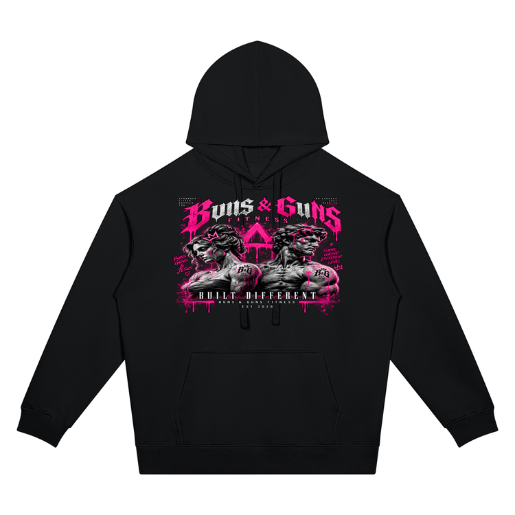 Unisex Oversized Drop-Shoulder Hoodie featuring a bold graphic design by Buns & Guns, perfect for fitness enthusiasts.