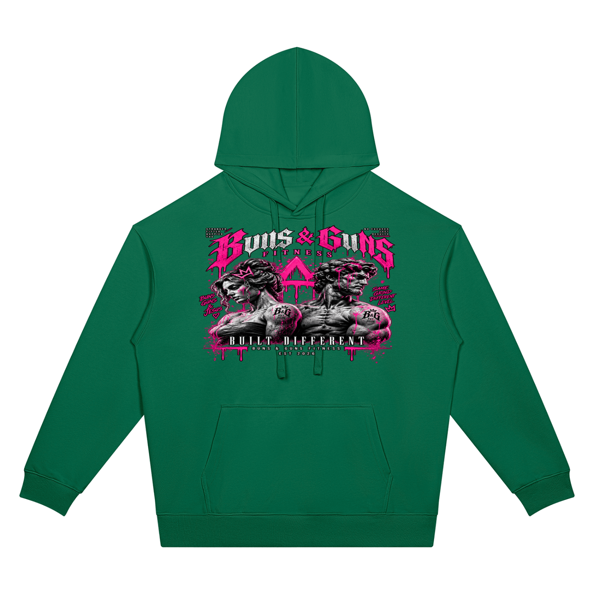 Unisex Oversized Drop-Shoulder Hoodie featuring a bold graphic design by Buns & Guns, perfect for fitness enthusiasts.