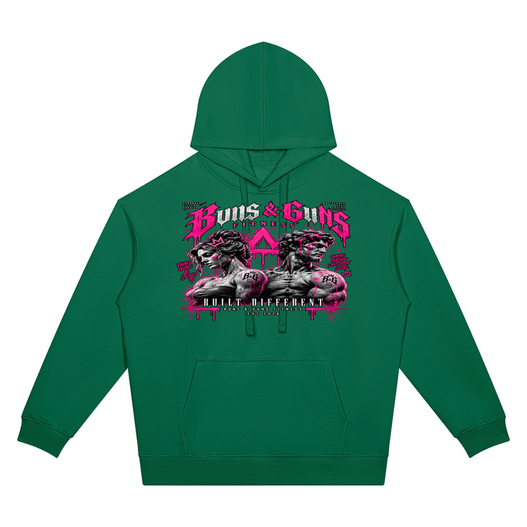 Unisex Oversized Drop-Shoulder Hoodie featuring a bold graphic design by Buns & Guns, perfect for fitness enthusiasts.